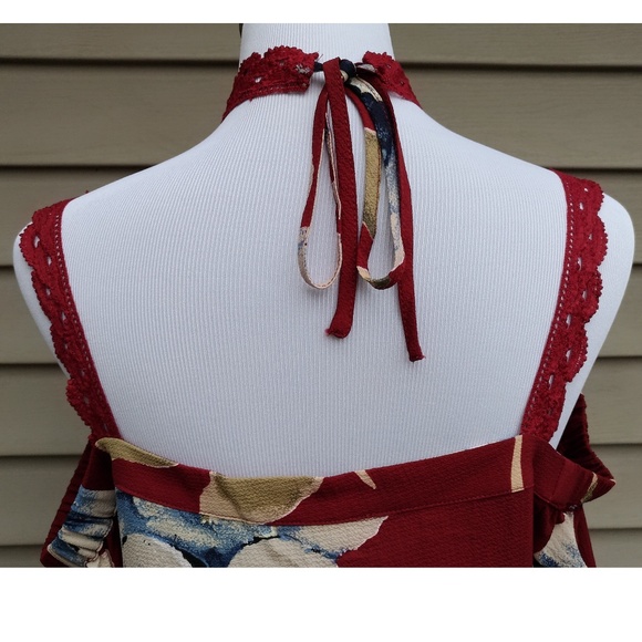 {LAST 1! S} Red Floral Blouse Choker Cold Shoulder - Picture 7 of 8